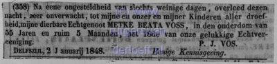 Overlijdensbericht Metke Beata Voss (1792-1848). Glasnegatief.