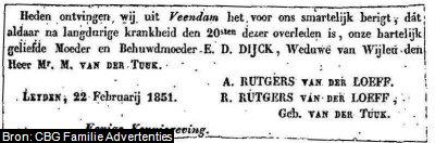Overlijdensadvertentie van Ellegonda Durandina Dijck (1783-1851)