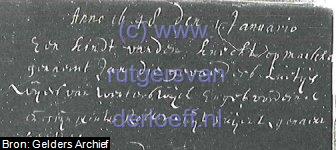 Doopakte van "Een kind van den knecht op manschot genaamt Jan", Geertien Manschot. Doopdatum: 1 Januari 1648.