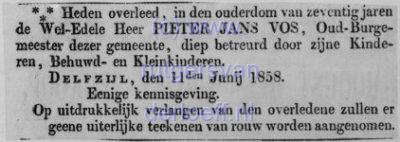 Overlijdensbericht Pieter Jans Vos (1788-1858). Glasnegatief.