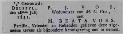 Trouwbericht Pieter Jans Vos (1788-1858) en Metke Beata Voss (1792-1848). Glasnegatief.