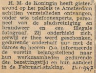 Krantenartikel d.d. 21.1.1947 over de ontvangst door H.M. de Koningin van Michael Rutgers van der Loeff (1905-1982) en mede-verzetslieden uit de Tweede Wereldoorlog.