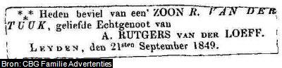 Geboorteadvertentie van Jan Bertram Rutgers van der Loeff (1849-1923)