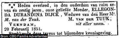 Overlijdensadvertentie van Ellegonda Durandina Dijck (1783-1851)