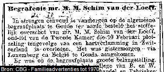 Een krantenartikel over het overlijden van Manta Meindert Schim van der Loeff (1865-1923).
