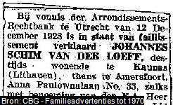 Een krantenartikel over het uitgesproken faillissement van Johannes Schim van der Loeff (1884-1961).