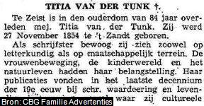 Overlijdensadvertentie en korte levensbeschrijving van Titia Klasina Elizabeth van der Tuuk (1854-1939)