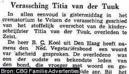 Korte levensbeschrijving van Titia Klasina Elizabeth van der Tuuk (1854-1939)