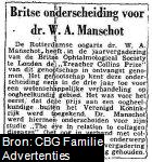 Een krantenartikel over de "Treacher Collins Prize", die in de jaarvergadering van de Britse Ophtalmological Society te Londen is uitgereikt aan dr. Willem Arnold Manschot (1915-2010).