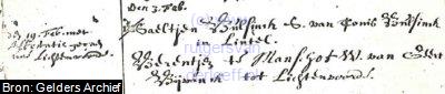 Huwelijksakte van "Saeltjen Bulsinck, zoon van ?? Bulsinck in Lintel(?)" en "Berentje te Manschot, weduwe van Geert Bijvanck tot Ligtenvoorde", "19 Feb met Attestatie (???) uit Ligtenvoorde". Huwelijksdatum is 3 Februari 1667.