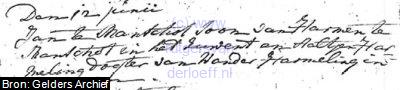 Huwelijksakte van "Jan te Manschot zoon van Harmen te Manschot in het Zuwent" en "Aaltjen Harmeling dochter van Wander Harmeling in (???)". Huwelijksdatum is 12 Juni 1668.