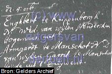 Huwelijksakte van "Enghbert Knippenborgh wed. van wijlen Hendersken Hogemans" en "Armgardt te Manschot dochter van wijlen Garrit te Manschot". Huwelijksdatum is 4 Oktober 1716.