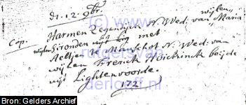 Huwelijksakte van "Harmen Zegendijck" en "Aeltjen te Manschot". Huwelijksdatum is 12 November 1724.