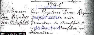 Huwelijksakte van "Jan Reijnders" en "Jenneken te Manschot". Huwelijksdatum is 7 Januari 1725. In de akte staat ook vermeld dat de vader van Jenneken "Jan te Manschot te Harvelden" al is overleden.