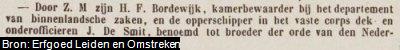 Artikel uit Leidsche Courant van 18 Augustus 1884 over de benoeming tot broeder der orde van den Nederlandschen Leeuw van Johannes de Smit (<1850-?), opperschipper van de Kweekschool voor Zeevaart te Leiden.