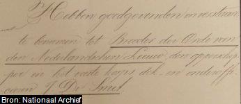 Koninklijk Besluit d.d. 14 Augustus 1884 No. 16, waarin Johannes de Smit (<1850-?) wordt benoemd tot Broeder der Orde van den Nederlanschen Leeuw.